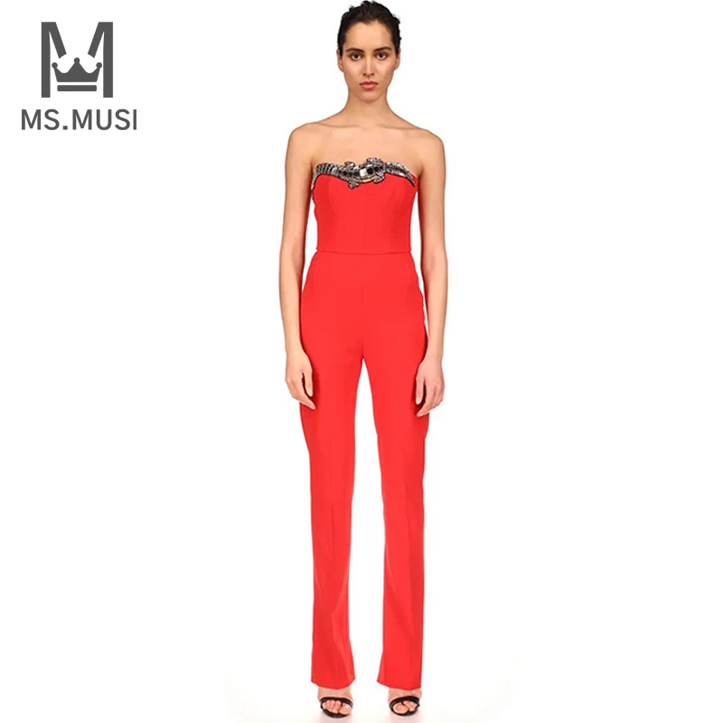 

MSMUSI 2023 New Fashion Women Sexy Strapless Crocodile Sequins Sleeveless Bodycon Party Club Pencil Pant Lady Bandage Jumpsuit