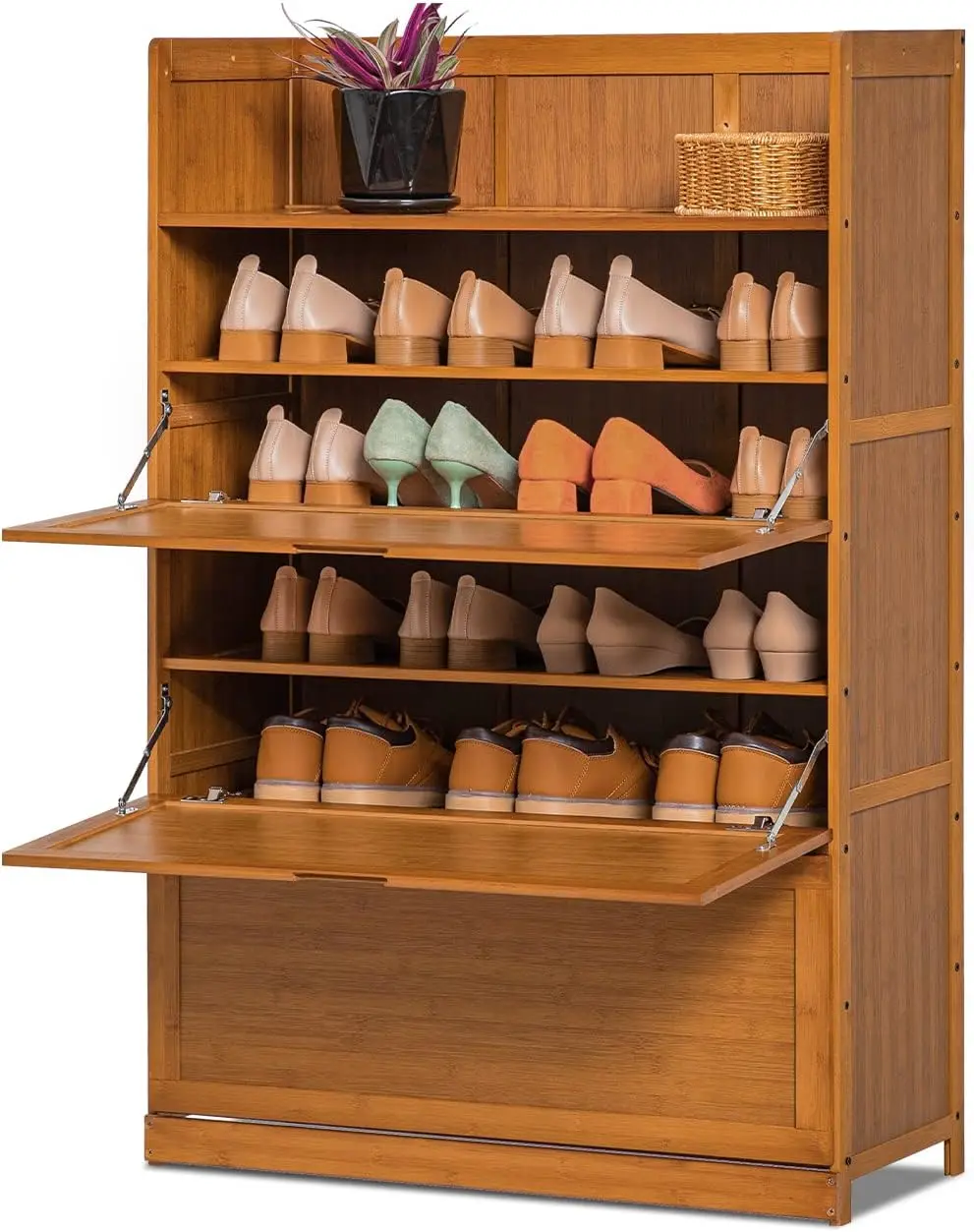 Bamboo 7-Tier Shoe Organizer Rack Cabinet Storage Space Roofless 24-Pair Heels Boots, Hallway Entryway, Brown