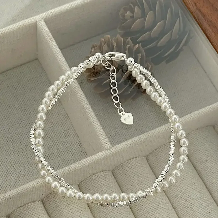 925 Sterling Silver Bracelet Double Layer Pearl Bracelet for Women Girl Vintage Luxury Design Bead Korean Jewelry Charm Bracelet