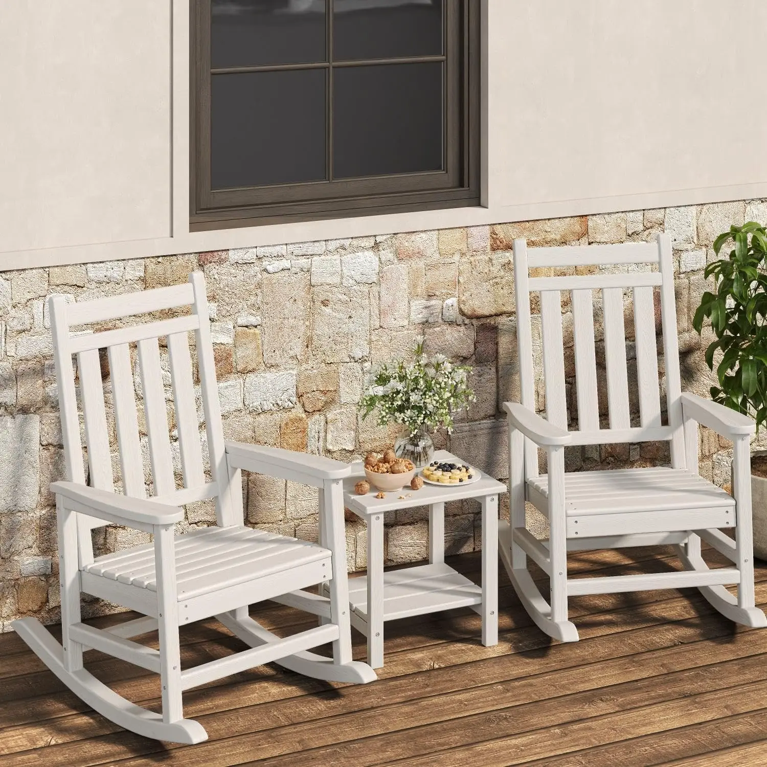 Outdoor Rocking Chairs Set of 2 with Side Table – HDPE High Back Patio Rocker, All-Weather Porch & Garden Furniture