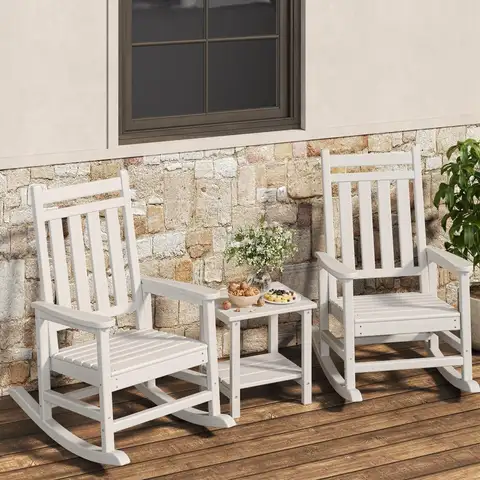 Outdoor Rocking Chairs Set of 2 with Side Table – HDPE High Back Patio Rocker, All-Weather Porch & Garden Furniture