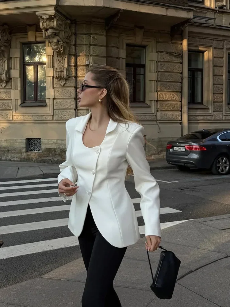 Women White Blazer Waist Cinching Coat U Neck Full Sleeve Single Breasted Jacket Chic Casual Lady Commuter Street Outwear