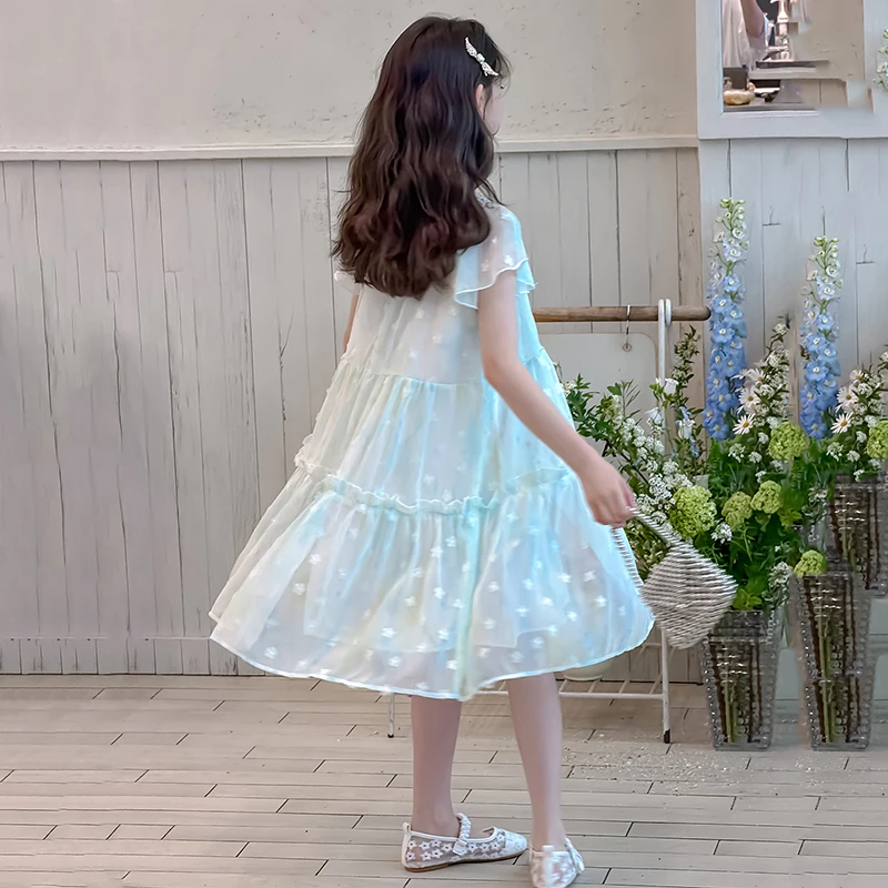 2026 new summer children's chiffon dress spring girls' three-dimensional embroidered princess dress short sleeved party  skirt