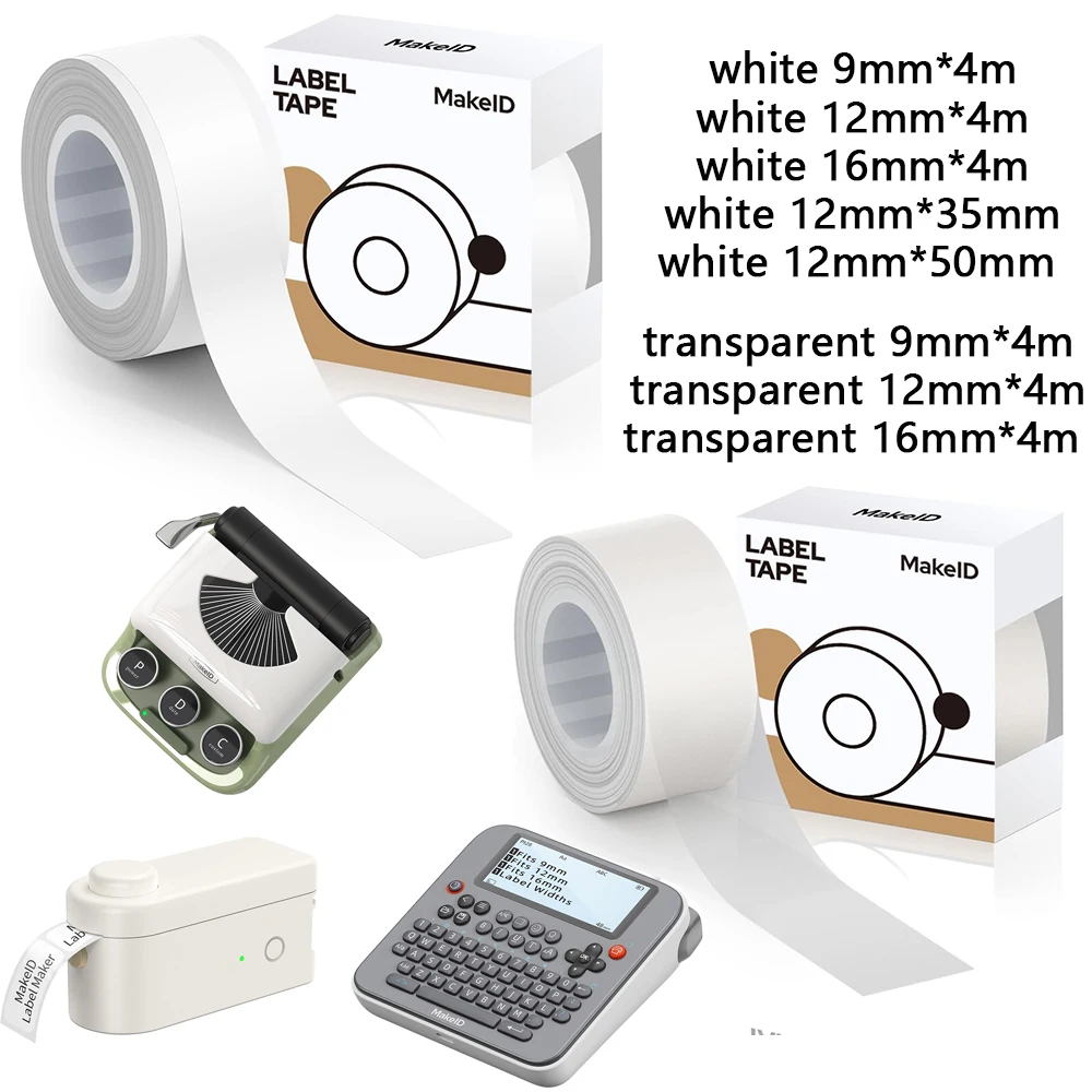 1Roll White/Transparent 9mm 12mm 16mm Adhesive Label Maker Paper for MAKEID M1/L1/E1 Mini/Mini HD Laminated Office Labeling Tape