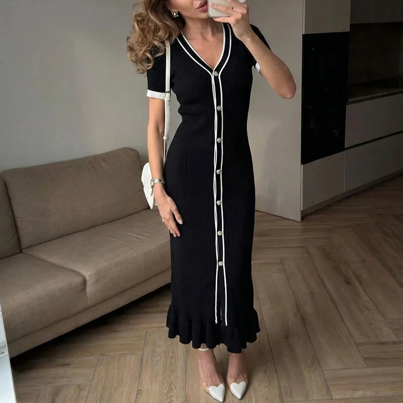 Elegantes V-Ausschnitt Hochtailliertes Schlankes Strickkleid Damen Lässiges Kontrastfarbenes Langes Kleid Mode Knopfleiste Geripptes Partykleid