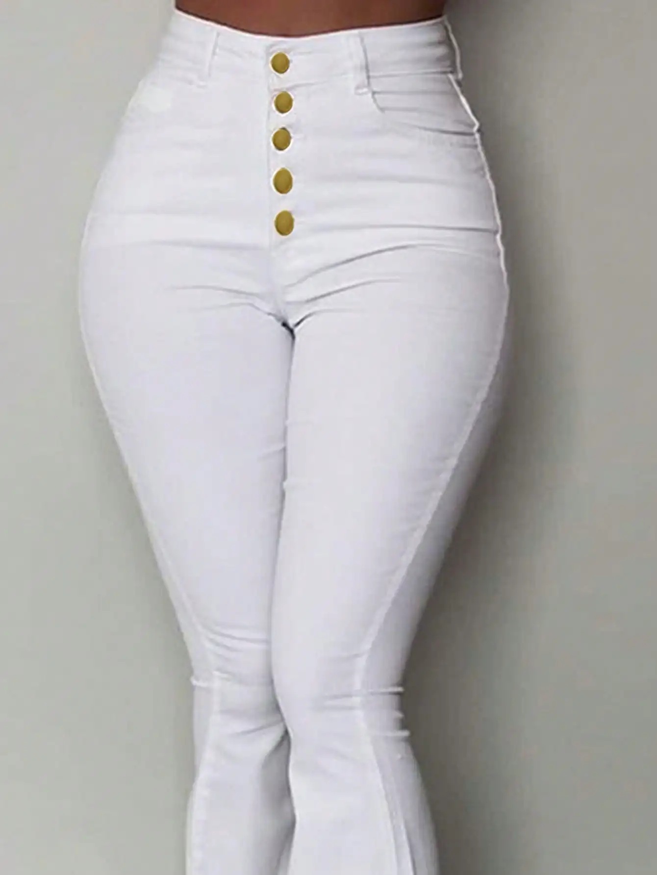 WGXWGX  Women's High Waisted White Flare Jeans Trendy Gold Button Stretch Denim Frayed Hem Full Length Pants 2025 Style