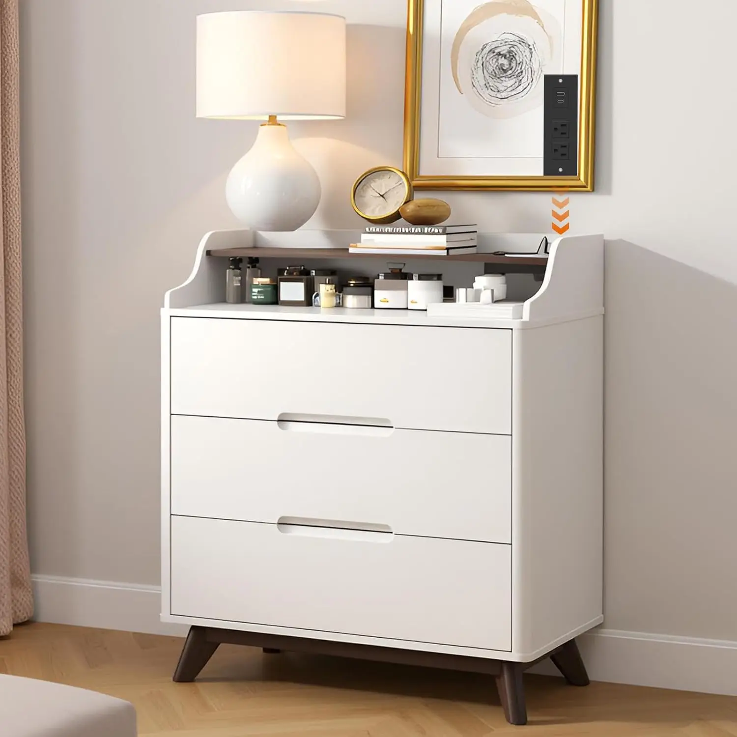 

3 Drawer Dressers for Bedroom, 32" Large Wood Dresser w/Charging Station, Open Shelf Top, Pre-Installed Slides,, Customized