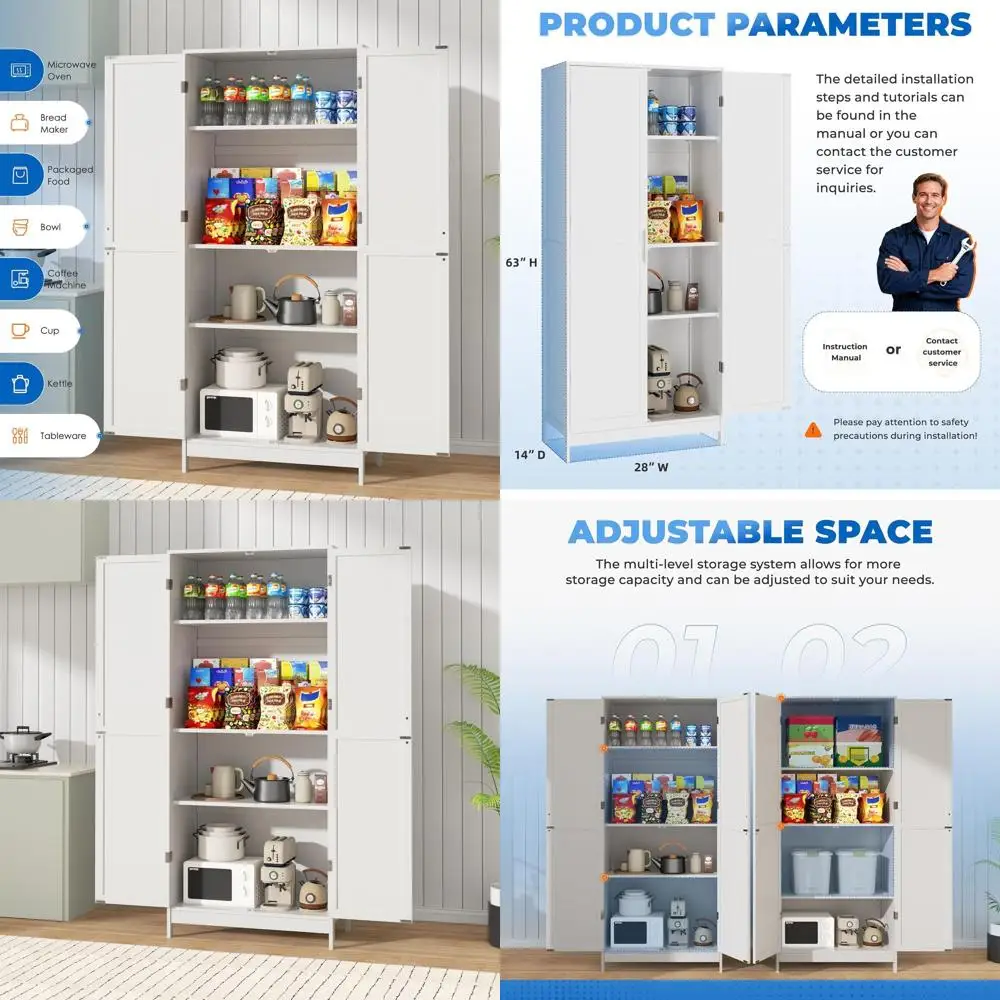 

White Freestanding Kitchen Storage Cabinet with 2 Doors and Adjustable Shelves for Pantry, Dining, Living, and Bathroom Use