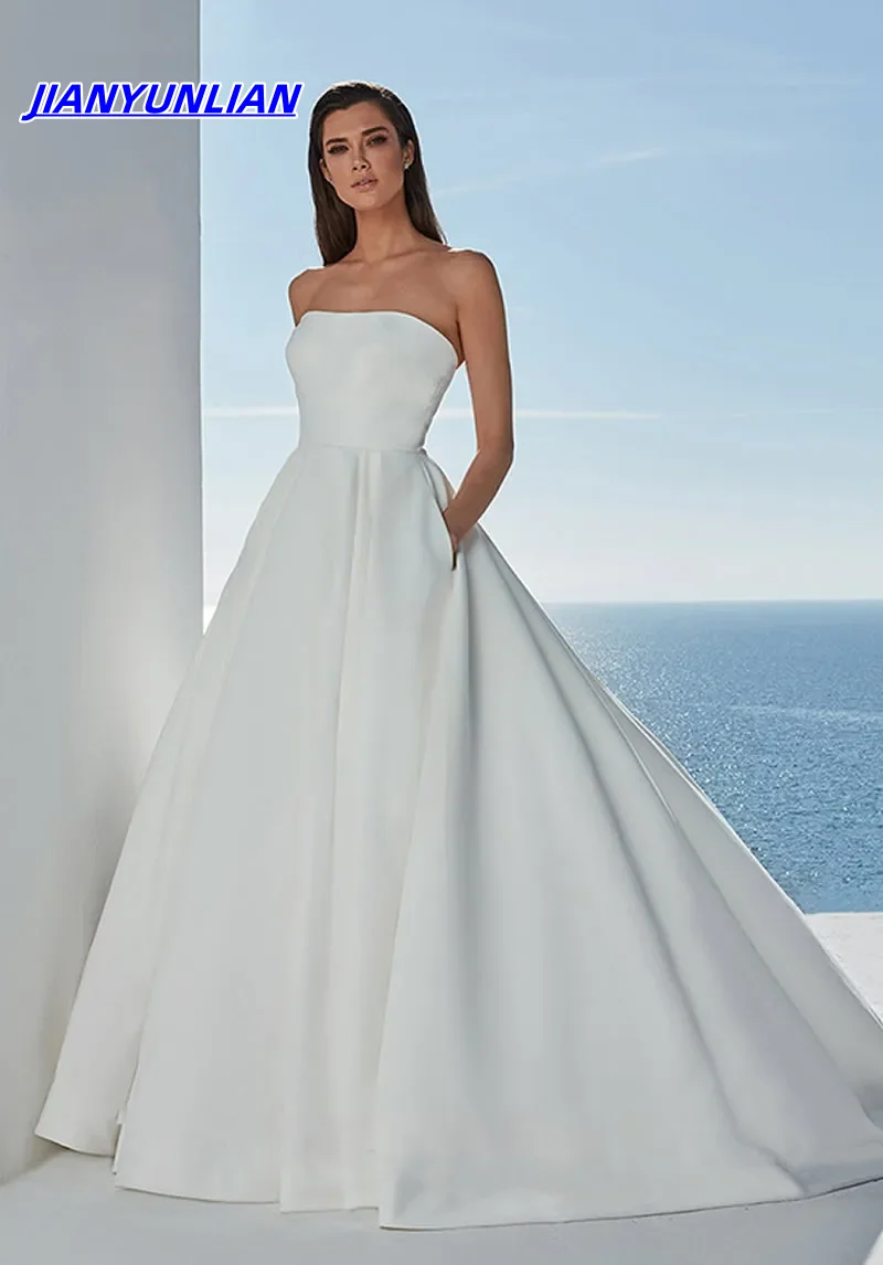 

Customized Wedding Dress A-Line Satin Elegant Boat Neck Neckline Straopless Chapel Train With For Party Plus Sizes Bride Gown