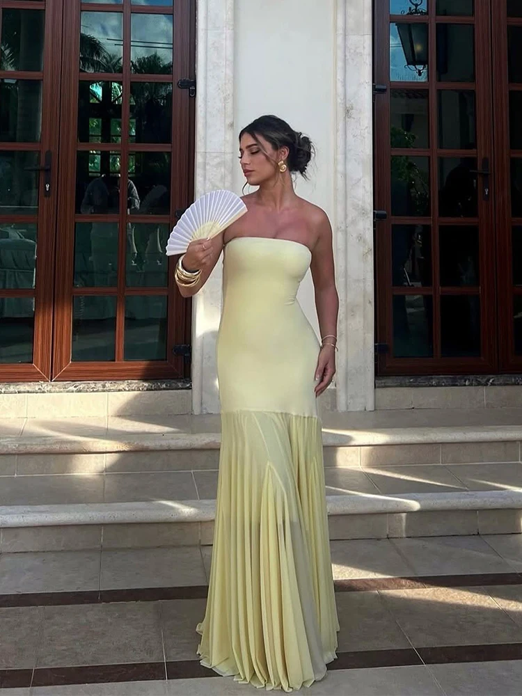 Yellow Strapless Ruched Maxi Dress Women Sexy Mesh Patchwork See Through Slim Long Dresses Elegant Wedding Guest Party Vestidos - AliExpress 200000345 Yellow Strapless Ruched Maxi Dress Women Sexy Mesh Patchwork See Through Slim Long Dresses Elegant Wedding Guest Party Vestidos - AliExpress 200000345