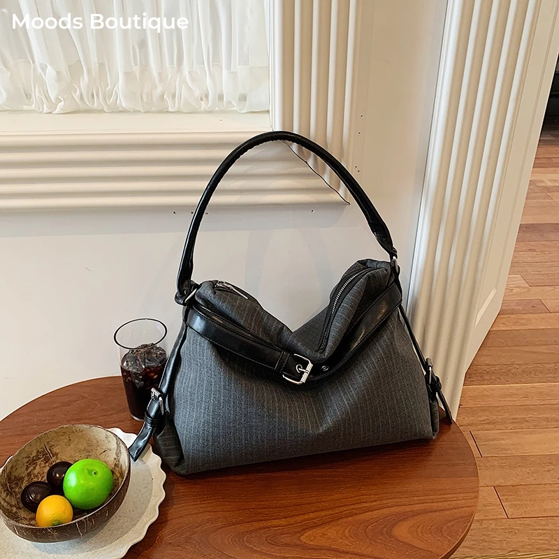 MOODS Business Style Shoulder Cross Body Hobo Bags For Women Cotton Fabric Striped Large Capacity Shopper Tote Handbags 2026