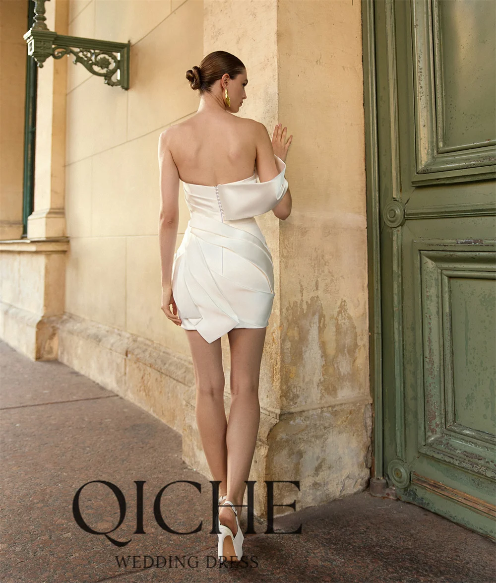 QICHE Simple Satin Short Sheath Wedding Dresses One Shoulder Strapless Open Back Bridal Gown Vestidos De Noiva Customized