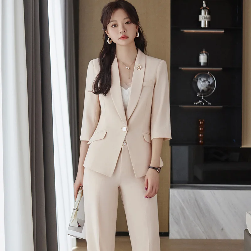 2024Summer New Business Suit Women's High-End Mid-Sleeve Suit Suit Slim Jewelry Beautician Work Clothes