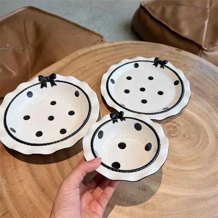 

Wave Lace Plate Girl Heart Dim Sum Tableware Ins Small Fresh Three-dimensional Bow Cute Rice Plate High Color Tableware