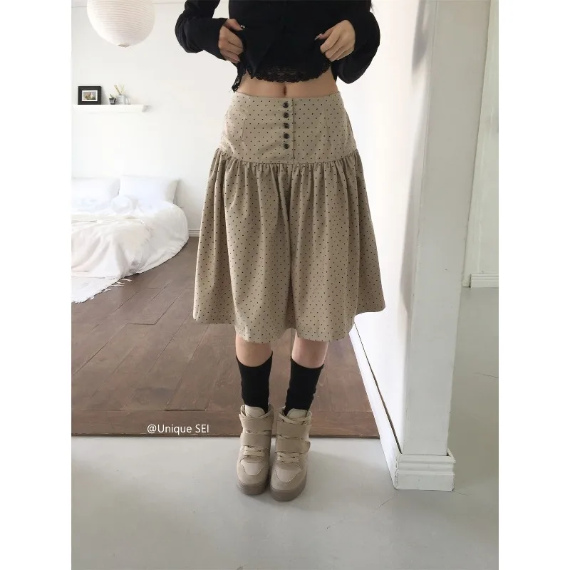 

Vintage High Waist Buttons Pleated Knee Length Skirt Women 2026 Summer New Korean Style Dot Printed Casual A-line Skirt