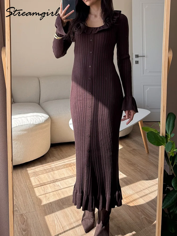 

Streamgirl Коричневые трикотажные платья для женщин Макси Элегантные трикотажные платья с рукавами-трубой Женские длинные платья с рюшами Макси, бордовая одежда,трикотажное платье большого размера