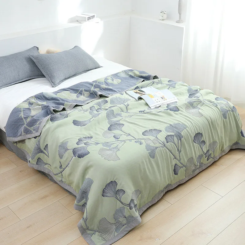 Textile City Reversible Ginkgo Leaf Jacquard Cotton Throw Blanket Green Blue Botanical Leaf Bed Cover Soft All-Season Bedspread