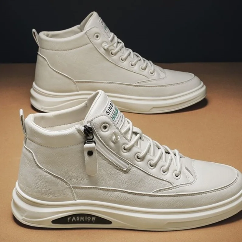 

Men's Casual Mid-Top Waterproof Shoes Fall New Style Lightweight Sports White Leather Fashionable Outdoor Leisure Footwear