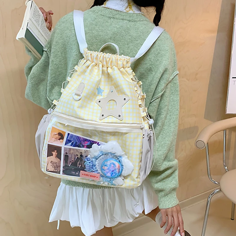 Tas Ransel Wanita HAEX Harajuku Plaid Tren 2025 Kasual Sehari-hari untuk Pelajar Mochilas Para Mujer Dopamine Clear Window Ita Bag Wanita