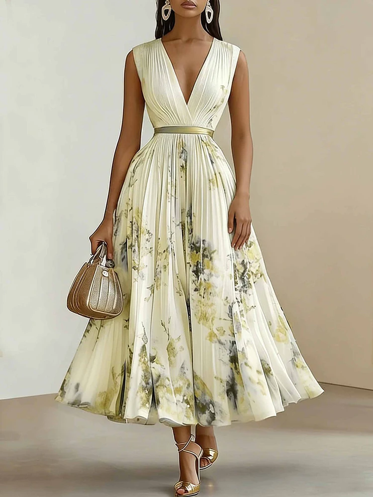 Women Vintage V-Neck Retro Printing Slim A-Line Dress Sleeveless Party Dress Summer Elegant Fashion Ladies Dresses Vestidos 2026