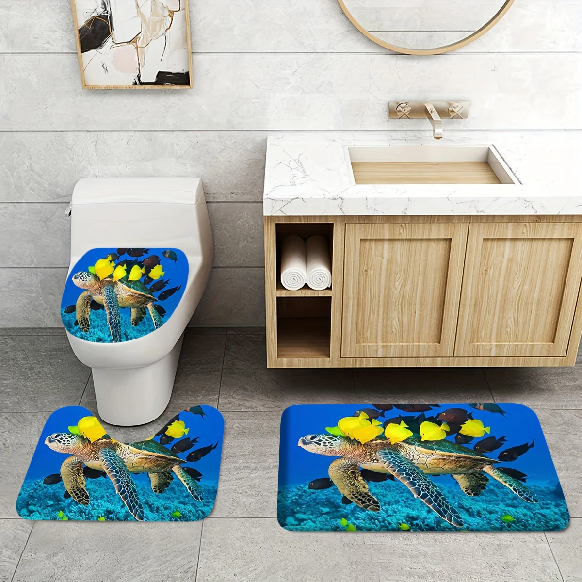 

3шт. ​ ​ Набор ковриков для ванной с изображением океанской черепахи и рыбы — нескользящий фланелевой коврик и коврик для подводного декора ванной комнаты и развлечений в морских приключений ​
