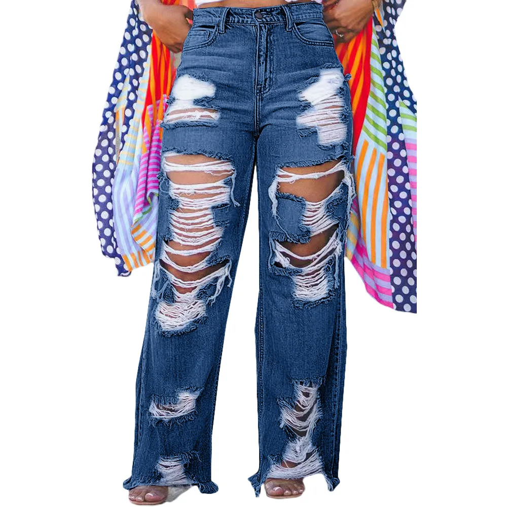 New Washed Ripped Straight-leg Jeans. Women's Spring and Summer Fashionable Street Personality Loose and Sexy High-waist Jeans