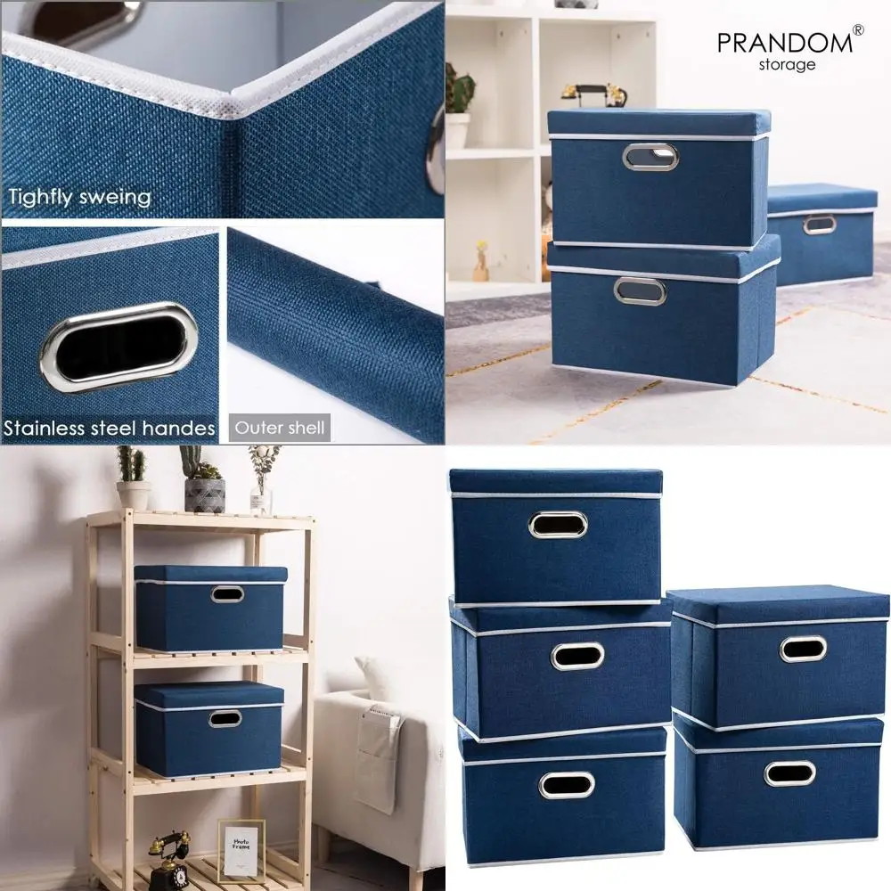 

Набор из 5 льняных контейнеров для хранения с крышками и ручками для шкафа, офиса, гостиной - Королевский синий (14.9x9.8x9.8)