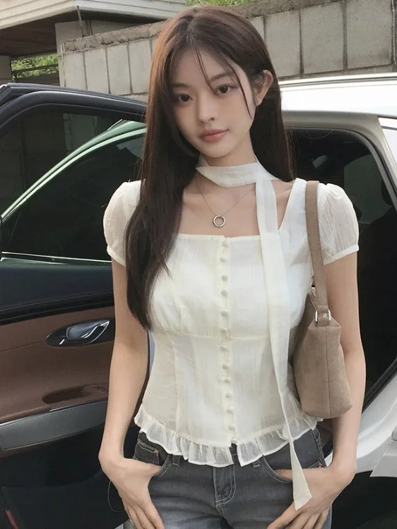 

Korean Style Retro Square Collar Women's Shirt Summer Trend Waist Cinching Short Sleeve Belt Design Single Button Shirt