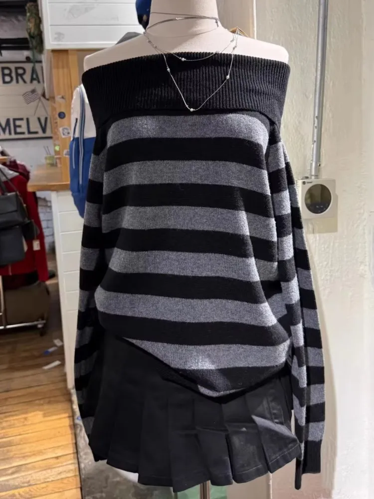 

Slash Neck Striped Sweaters for Woman Spring Black Grey Long Sleeve Knitted Pullover Top Casual Vintage Preppy Style Jumper