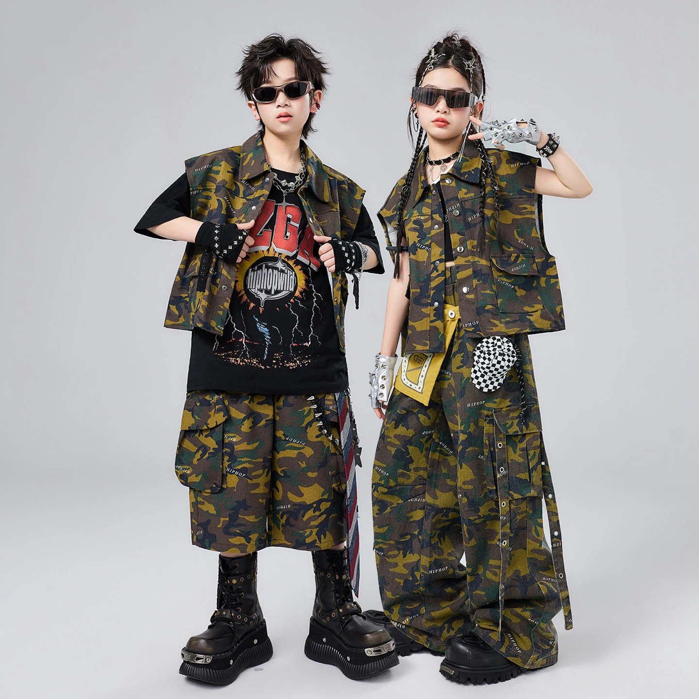 

Kids Hip Hop Dance Clothing Camouflage Vest Pants Summer Boys Street Dance Outfit Girls Jazz Dance Performance Clothing BL19419