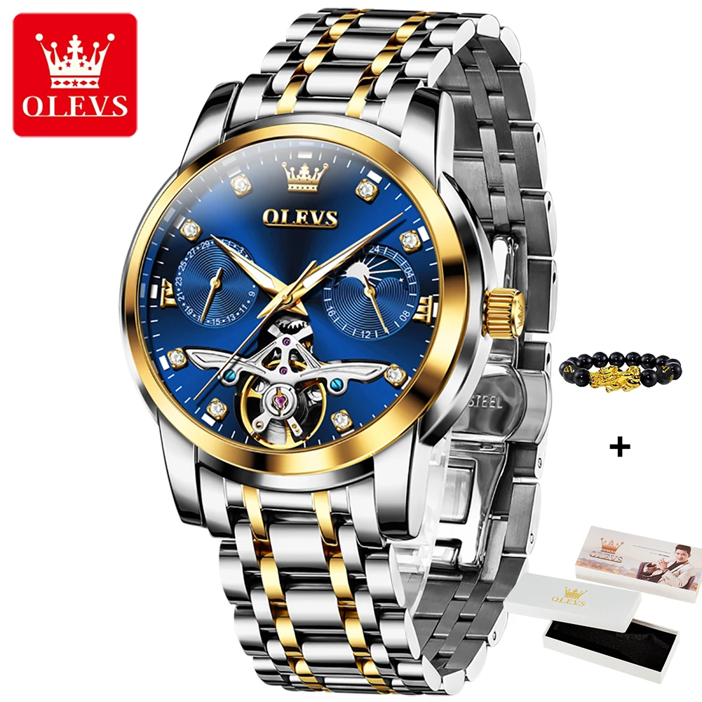 OLEVS 6703 New Moon Phase Mechanical Watch For Men Hollow Flywheel 42mm Big Dial Luxury Automatic Watches Waterproof Hand Clock