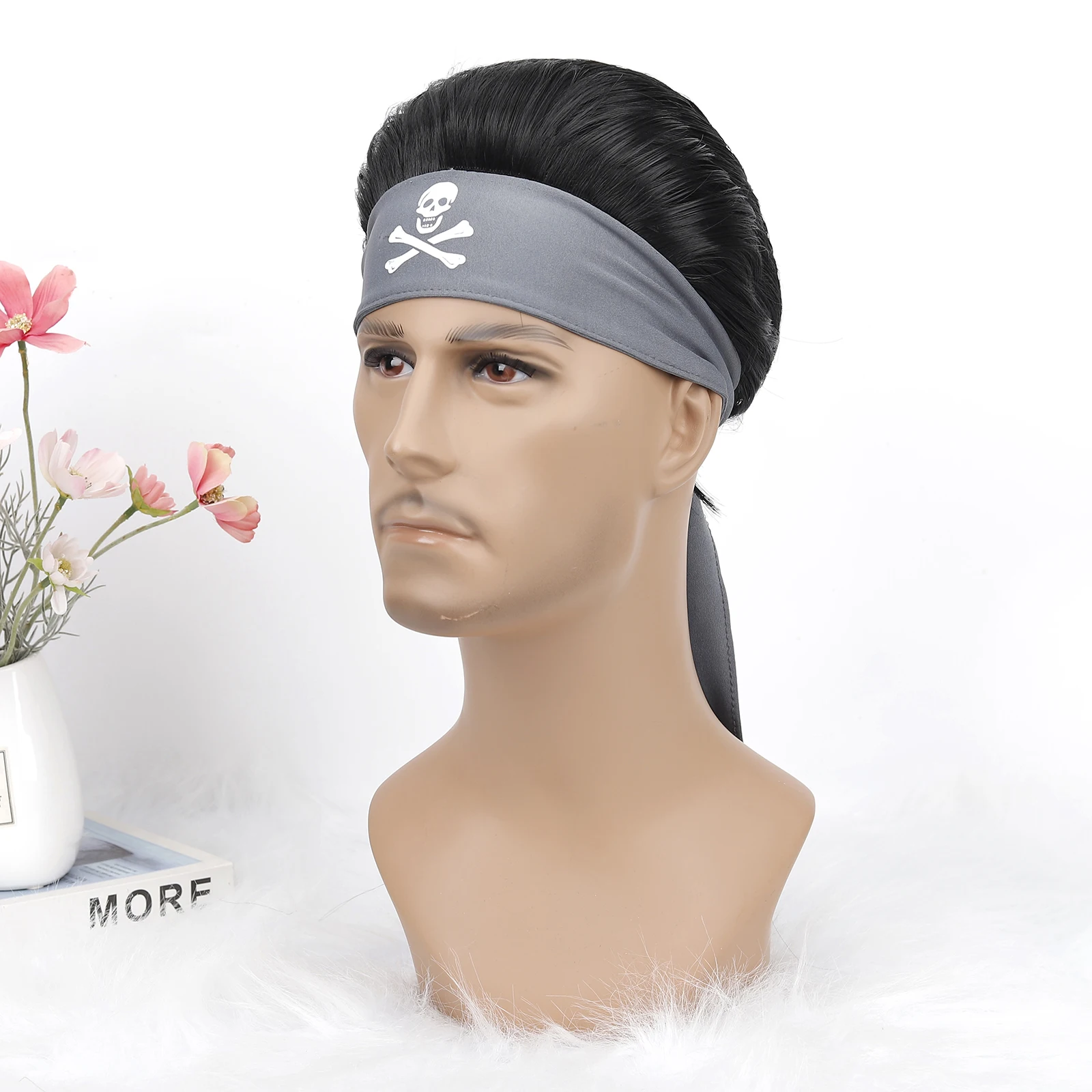 Pirate Hairstyle Synthetic Wig with Bandana Short Black Hair Natural Looking for Men's Cosplay & Party Use