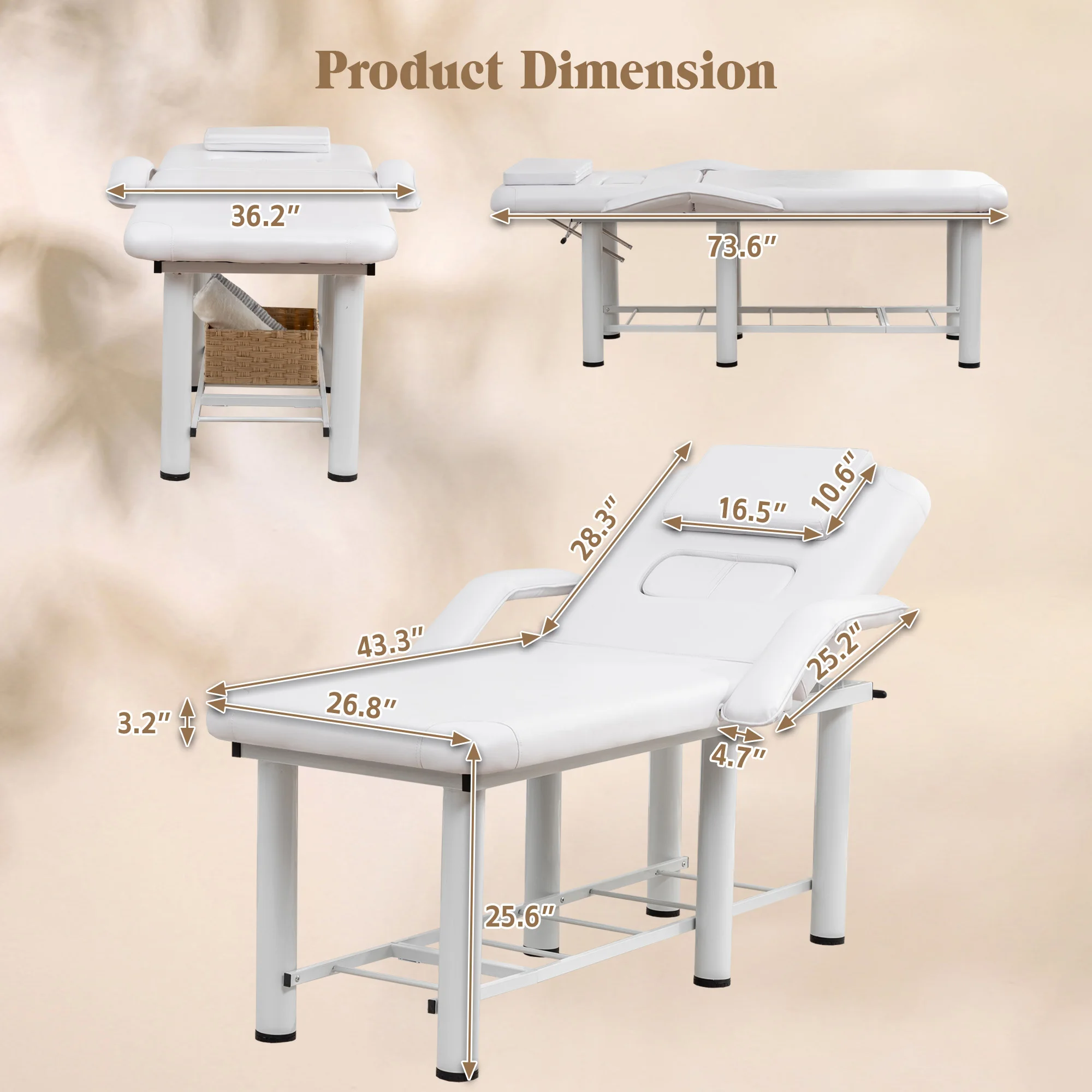 Professional Beauty Bed with Removable Headrest Breast Cushions Armrests and Storage Shelf for Massage Facial Tattoo Spa White