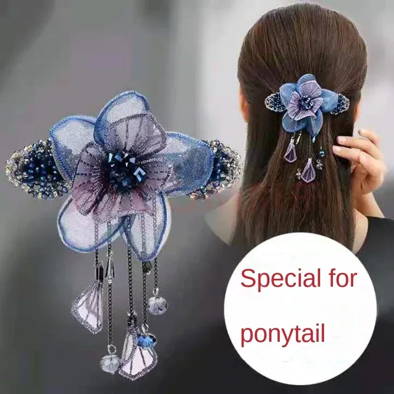 Fashion Elegant Silk Flower Bridal Hairpin Hair Accessories for Women Retro Tassel Horse Tail Clip Headwear Mom Jewelry Gift