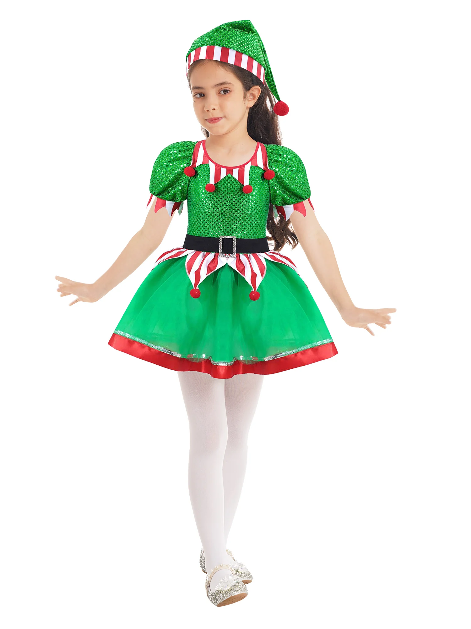 

#2-16 Kids Girls Christmas Elf Costume Sequins Mesh Pompoms Adorned Tutu Dance Dress with Hat New Year Carnival Fancy Dress