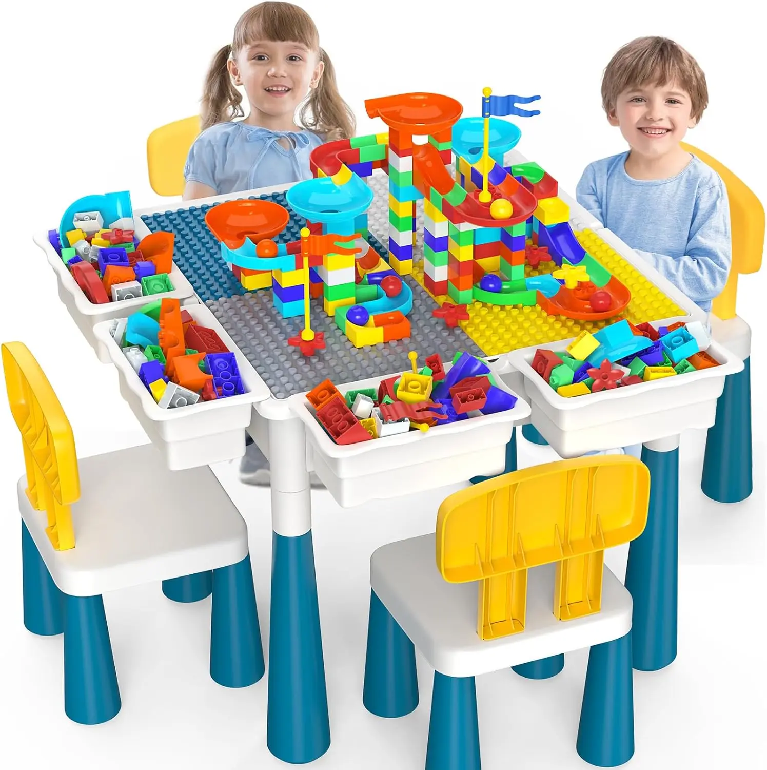 Kids Table and Chair Set: Activity Table with 152Pcs Large Marble Run Building Blocks 4 Chairs Storage All in One Play Sensory T