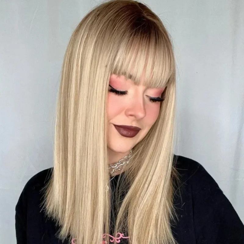 13×4 gerade dunkle Wurzel natürliche Pony Perücke Mittelteil seidig gerade mit Pony braune Perücke hitzebeständige synthetische Lace-Front-Perücke