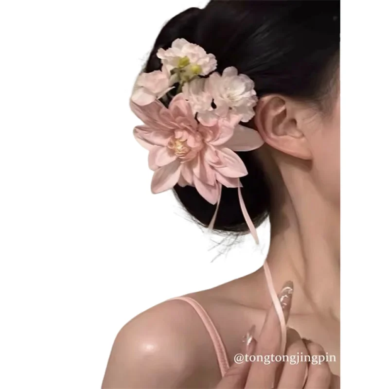 

Pink Pure Desire~Flower Hairpin Female Side notch Simulation Flower Headwear Drift Belt Resort Seaside Accessories Headflower
