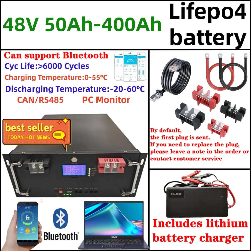 LiFePO4 48V 51.2V 50Ah 100Ah 150Ah 200Ah 300Ah 400Ah Battery Max 32 Parallel CAN/RS485 PC Monitor for Solar System Inverter