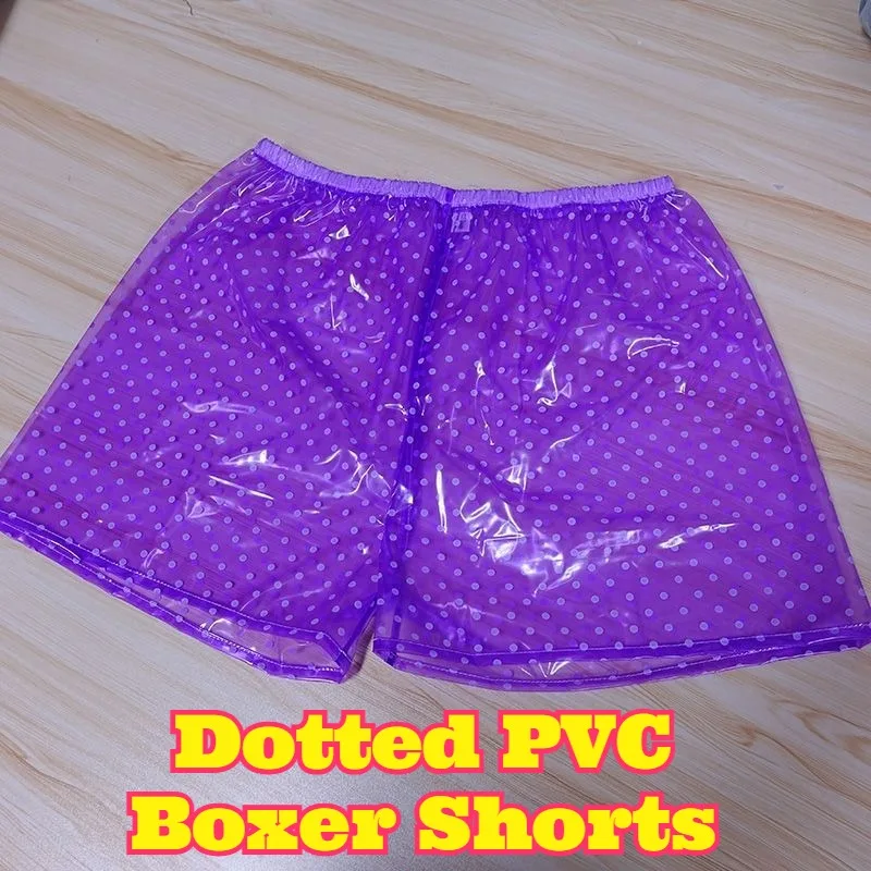 メンズ用、カップル用、pvc素材のボクサーパンツ、透明感のあるドット柄、透け感のある、柔らかい、静音性のあるプラスチックフィルム素材、ビーチ用、セクシーなインナーウェア、軽量。