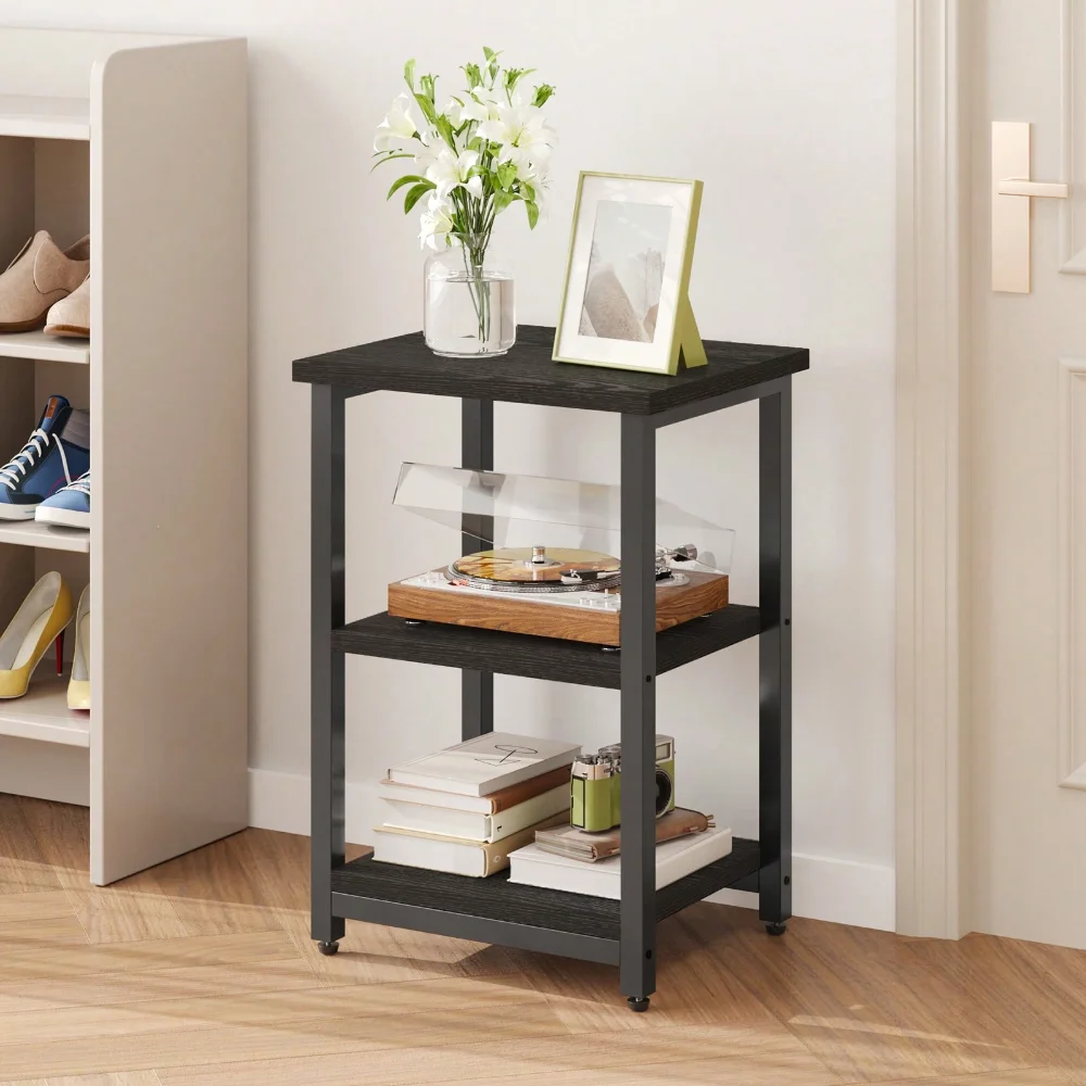 

Tomnk Modern 3-Tier Rectangular Side Table With Black Wood Grain Finish - Living Room End Table For Bedroom, Black