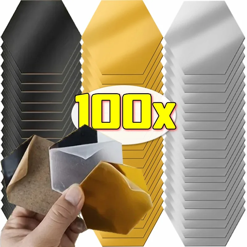 

100/1x Hexagonal Acrylic Mirror Wall Sticker Mini Mirror Solid Paster Removable Art Wall Decals Self-adhesive Gold Silver Paster