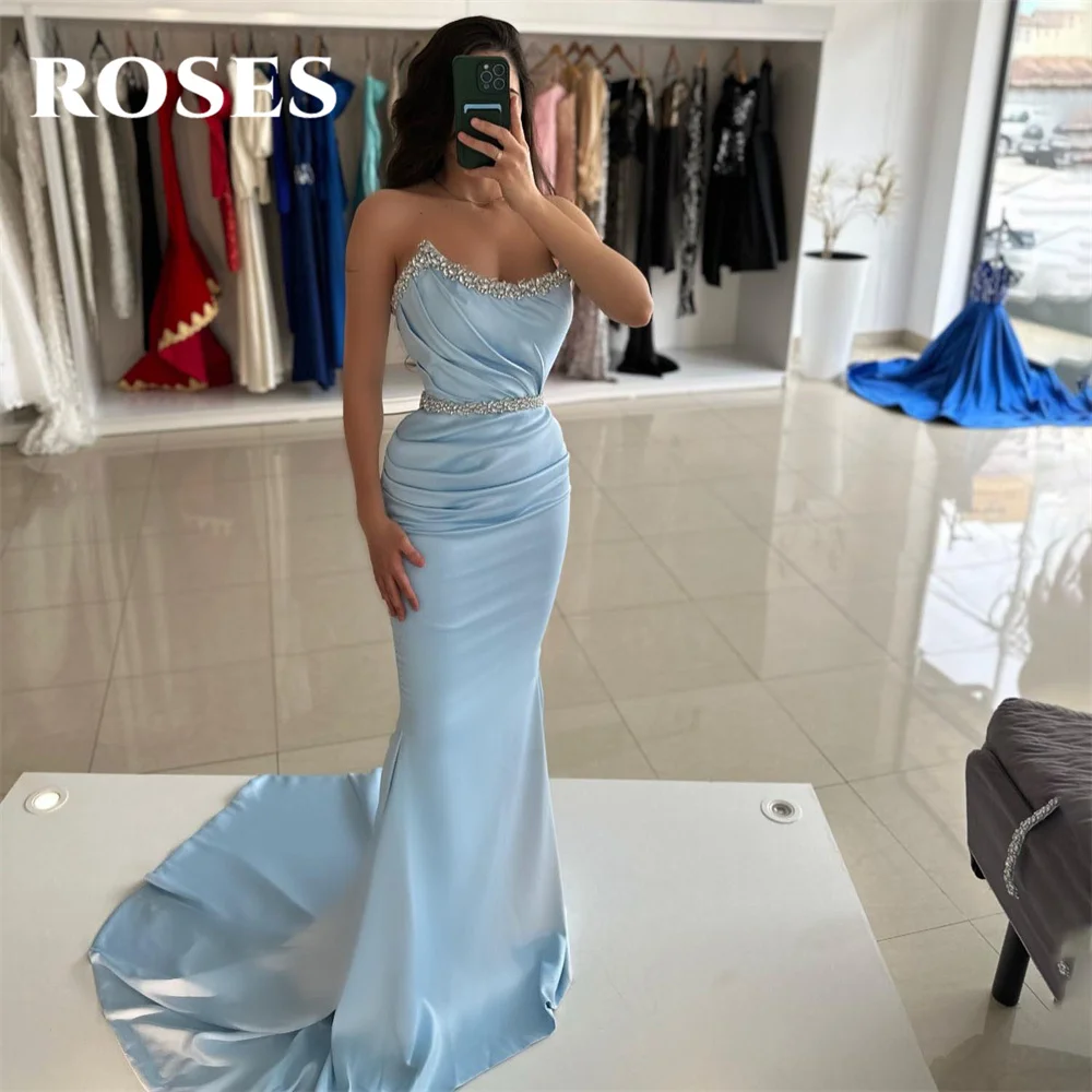 Rosen Himmelblau Abendkleid Schaufel Meerjungfrau Party kleid mit Falten Satin Vestido de Novia sexy Kristall Ballkleid versand kostenfrei