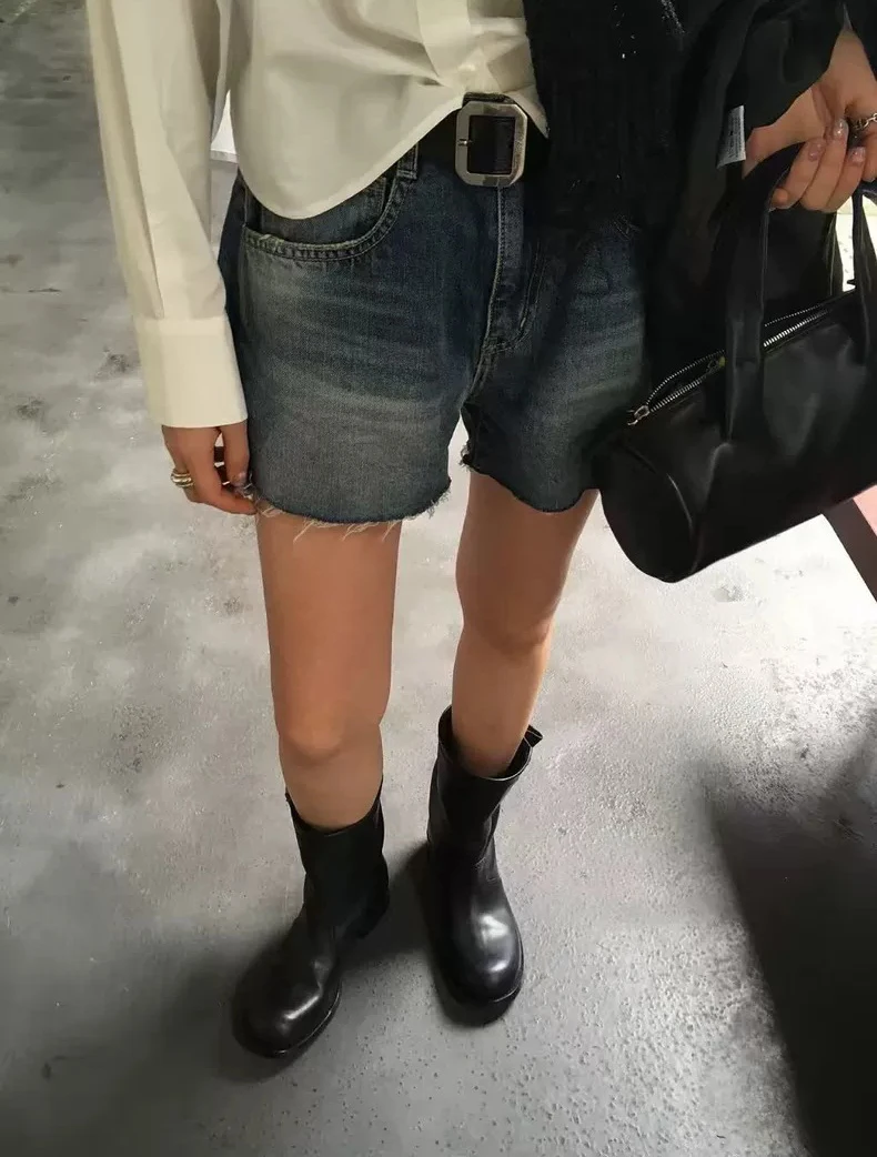 

Washed Cotton Straight Leg Short Jeans Loose Fit Women's Summer Breathable Comfortable Braille Forking Shorts