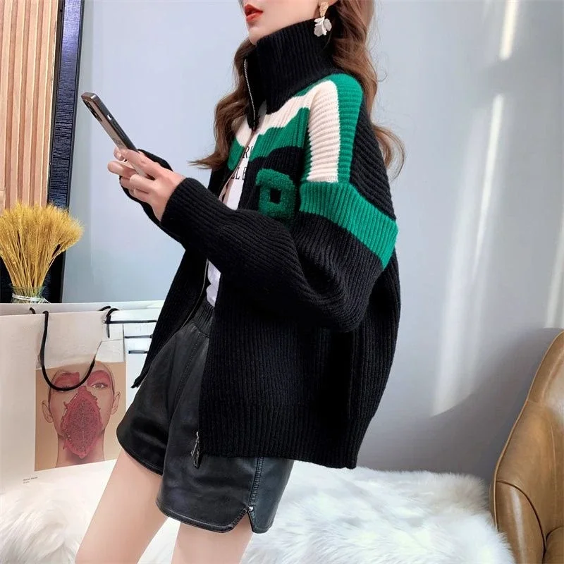 DAYIFUN-Sweater Zipper High Collar,Knitted Cardigan,Contrast Color Coat,Long Sleeves,Loose,Casual,Stripe Letter Cardigans Tops