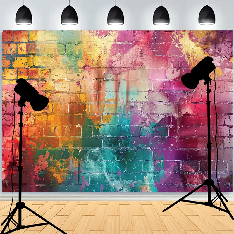 

Abstract Neon Rainbow Painted Brick Wall Background Damaged Rustic Texture Vibrant Graffiti Grunge Photography Backdrops BK-01