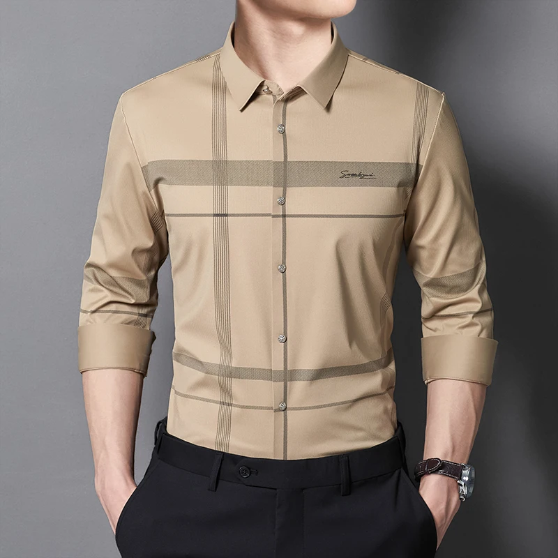 2026 Men's Seamless Adhesive Shirt Printed Stripe Drill Button 4-Way Stretch Wrinkle-Resistant Shirts