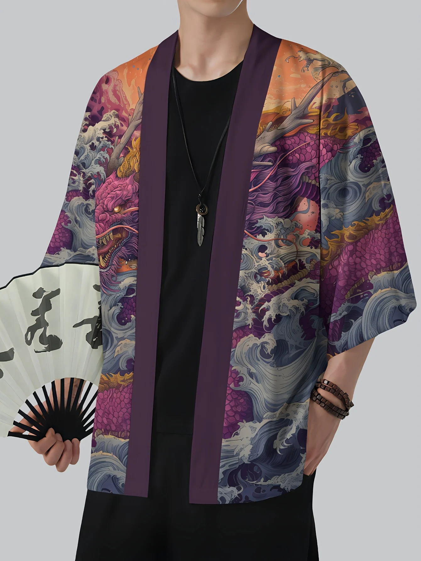Kimono Masculino de Verão 2026 com Estampa 3D, Respirável, Leve, Casual, Moderno, para Uso Externo e Urbano