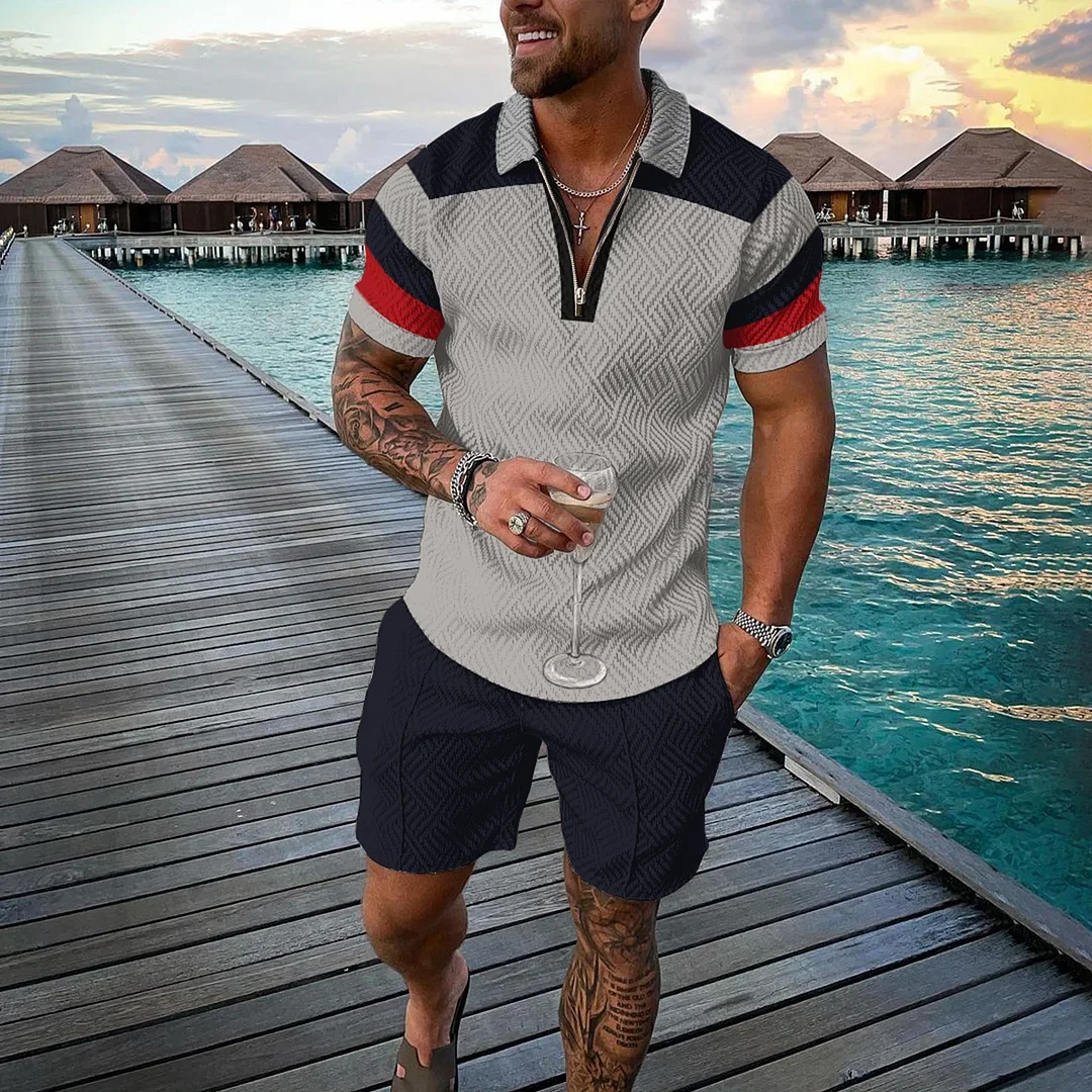 Men Tracksuit Summer New 3D Printed Beach Zipper Polo Shirts Shorts 2pcs Sets Boho Geometric Style Holiday Clothing High-quality