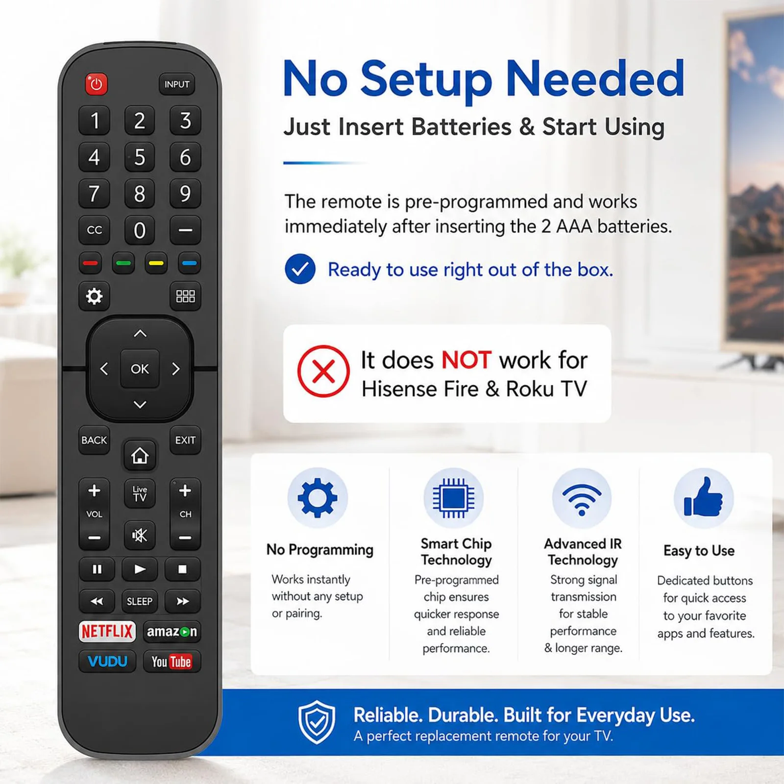 Universal Remote for All Hisense TV Remote Compatible with All Hisense 4K LED HD UHD Smart TVs - Not for fire & roku TV